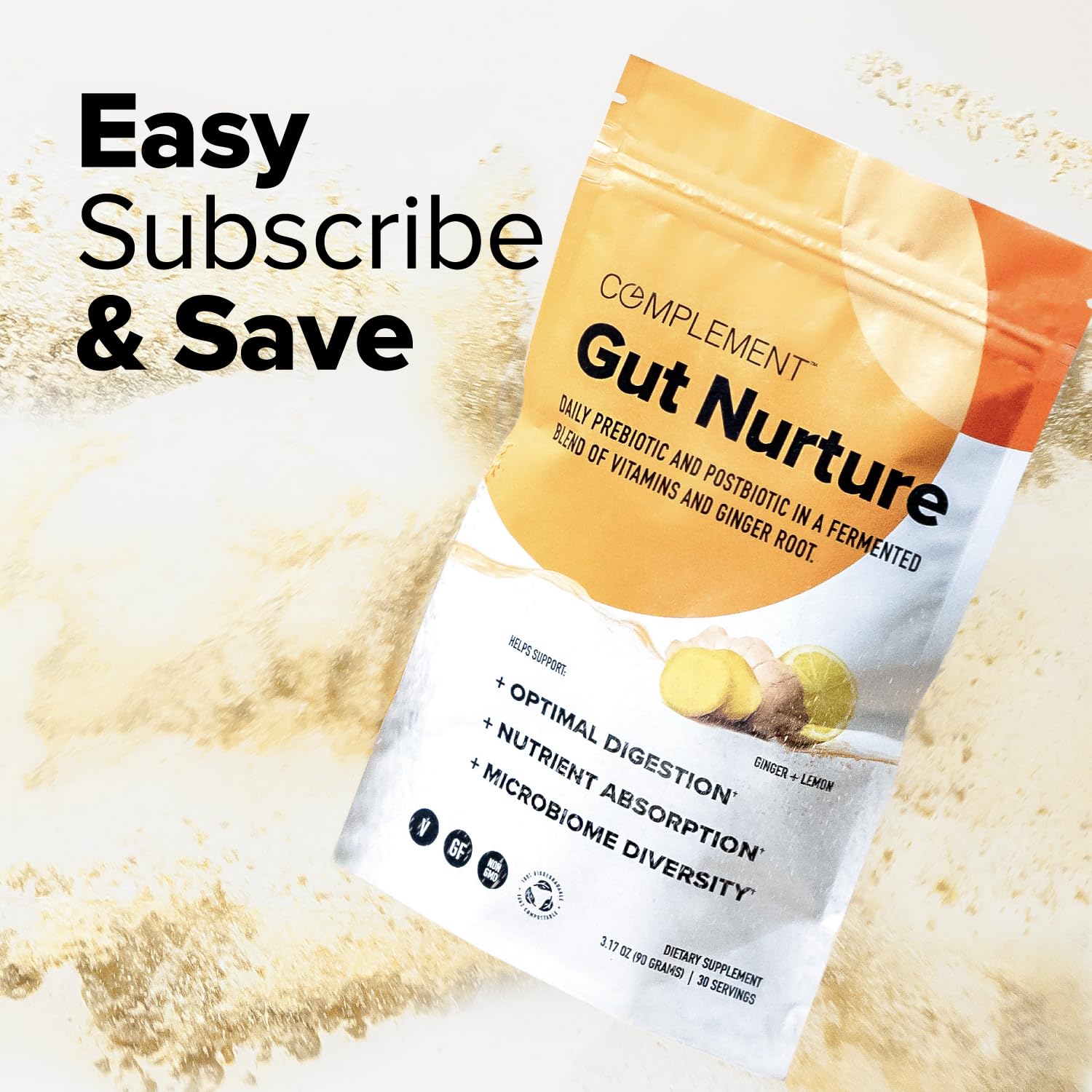 Complement Gut Nurture biodegradable pouch highlighting eco-friendly packaging
