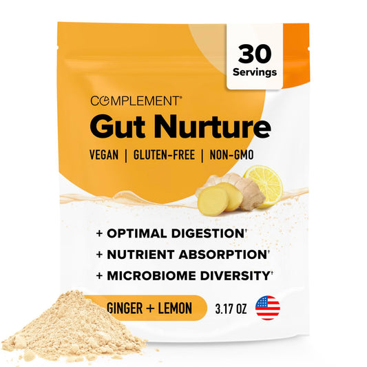 Complement Gut Nurture bottle pour showing easy daily prebiotic use for digestion