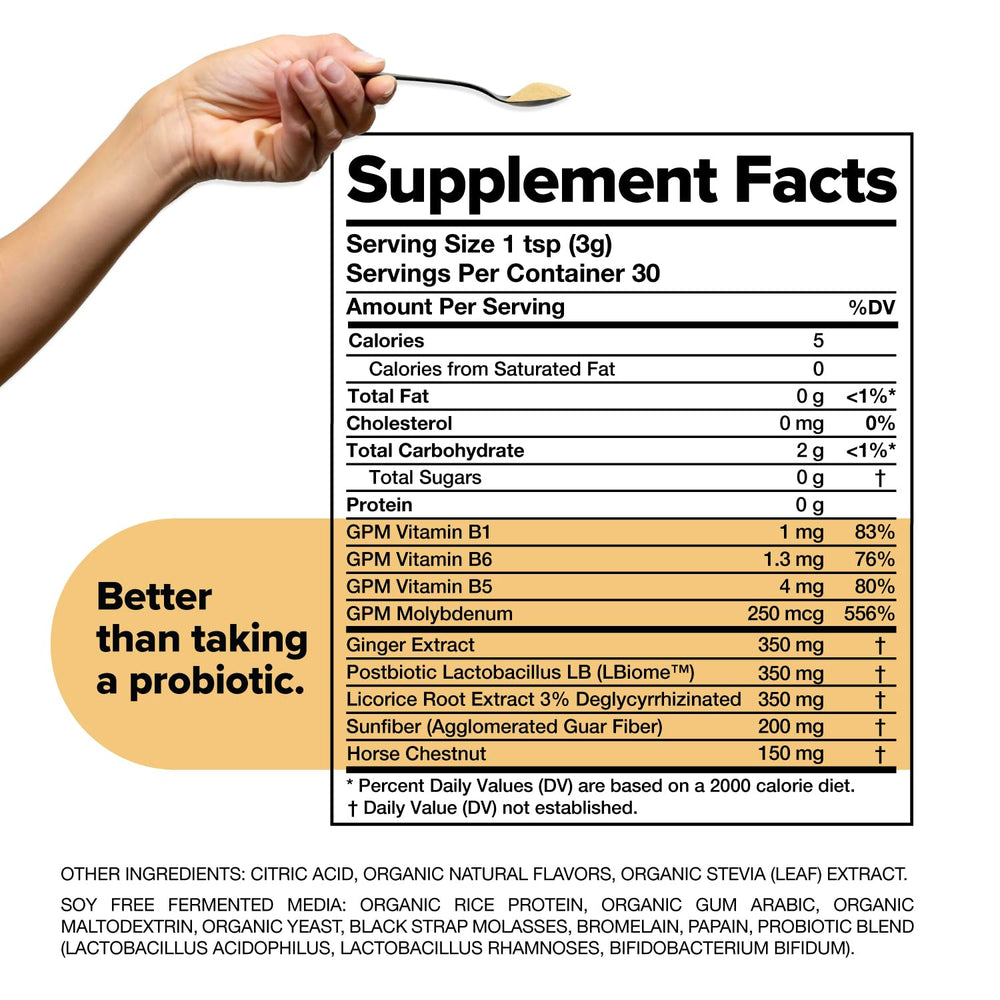 Complement Gut Nurture ingredients label emphasizing vegan, non-GMO formula