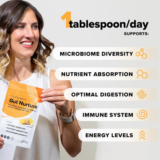Complement Gut Nurture teaspoon dispensing into water for gentle gut support