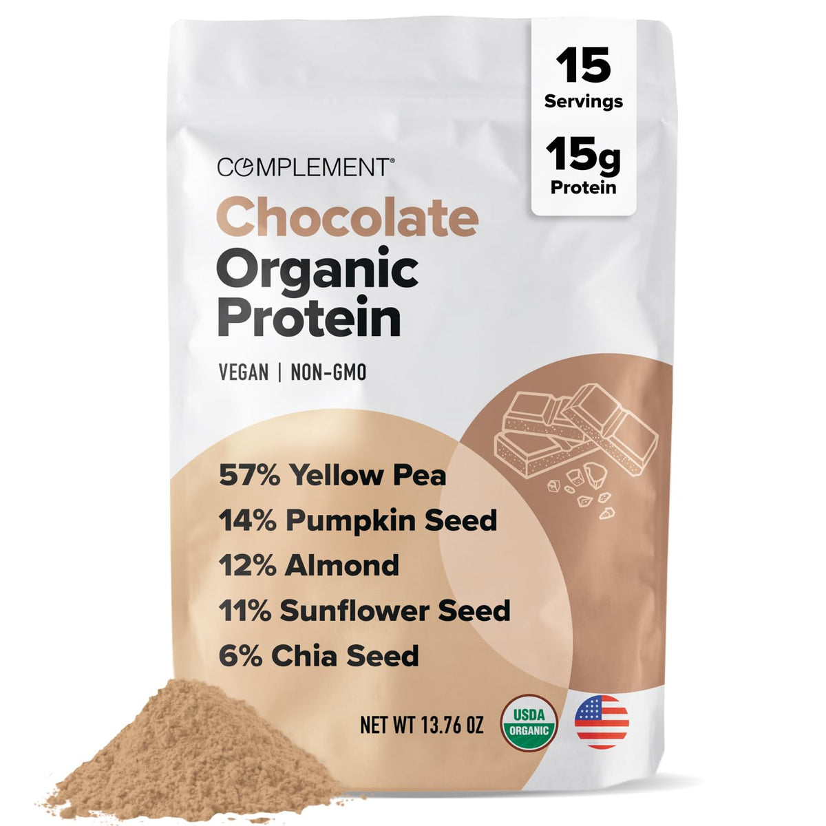 Complement Organic Chocolate Protein Powder jar for on-the-go plant-based protein