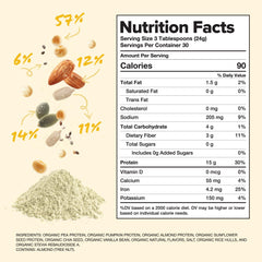 Close-up of organic ingredients blend used in Complement vanilla protein powder for plant-based nutrition
