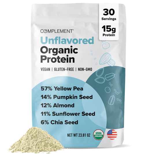 Complement Organic Unflavored Protein bottle; flavor-free protein boost for meals.