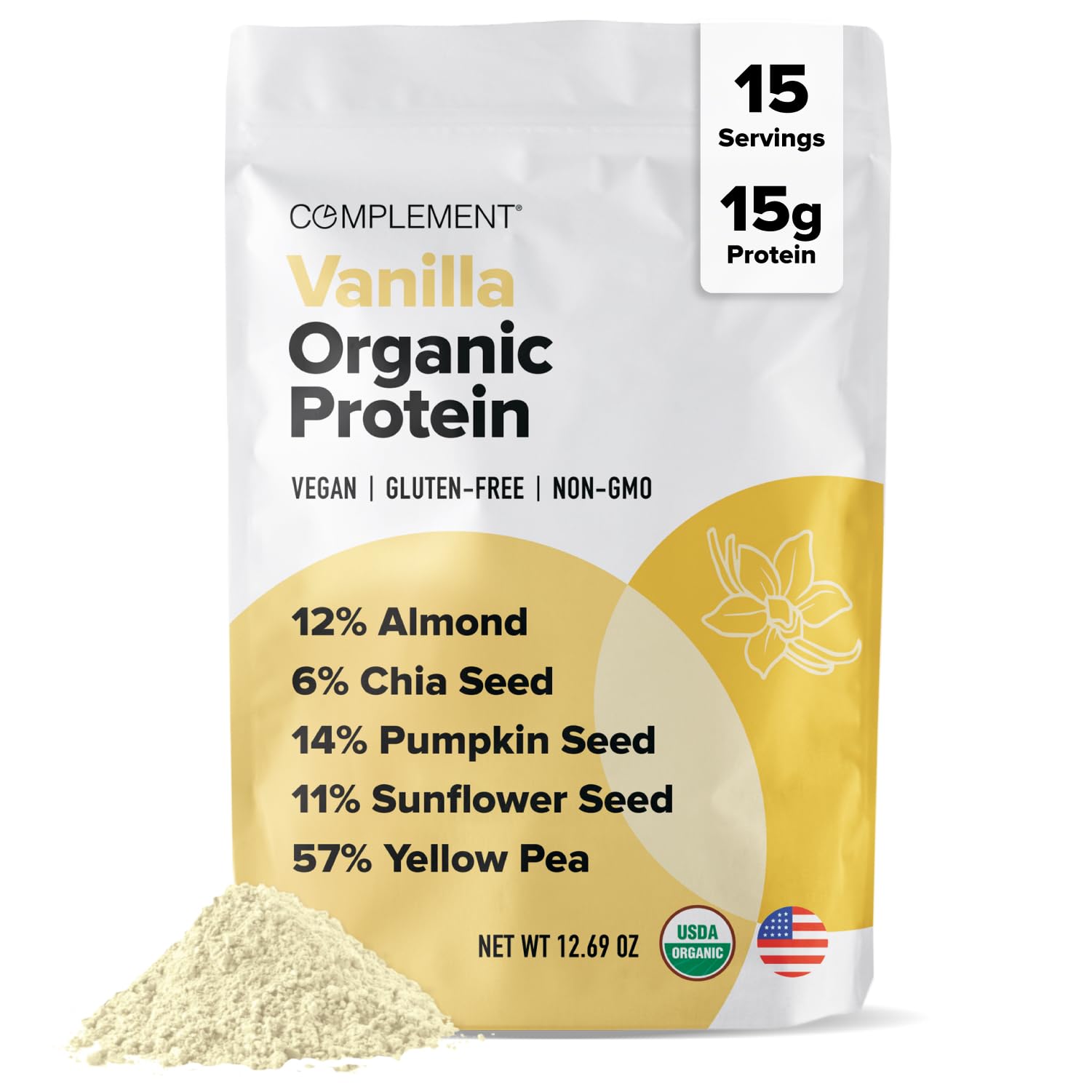 Complement Organic Vanilla Vegan Protein Powder bottle for quick, healthy smoothies