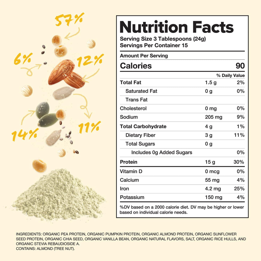 Complement Plant-based Vanilla Protein Powder in a blender with fruit for a creamy smoothie