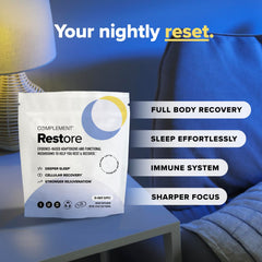 Nightstand setup with Complement Restore Golden Latte for a soothing nightly routine.