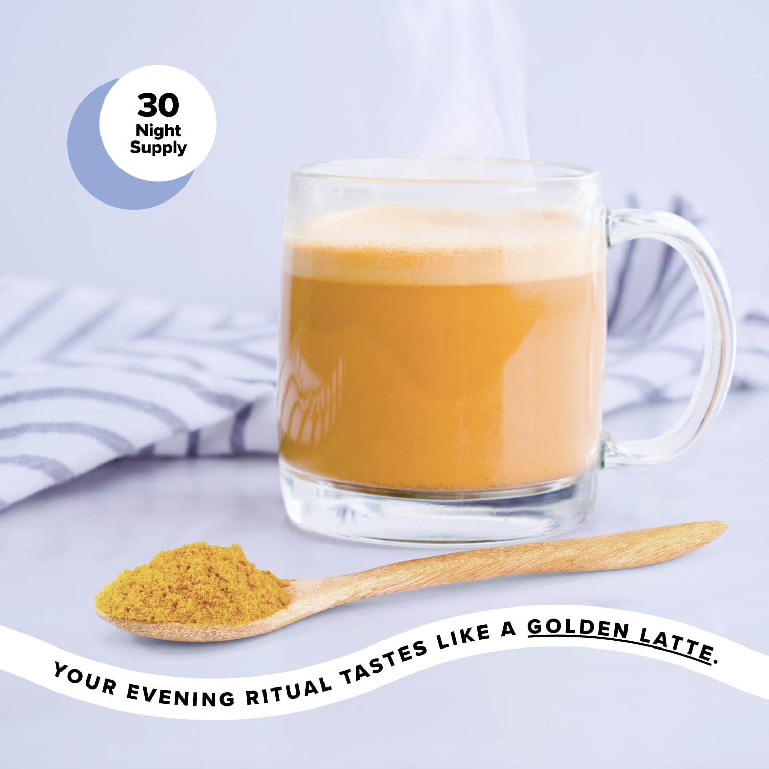 No melatonin label implied with Complement Restore Golden Latte for caffeine-free nights.