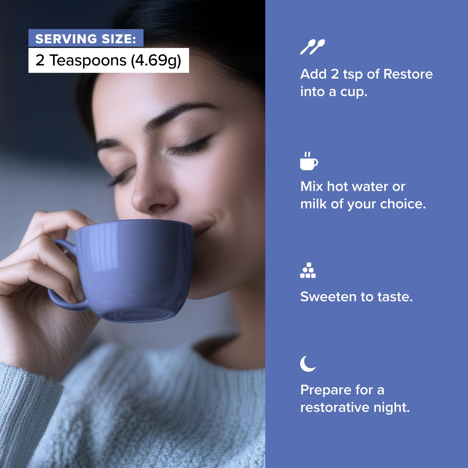 Complement Restore Golden Latte mug steaming to convey a warm, caffeine-free evening drink.