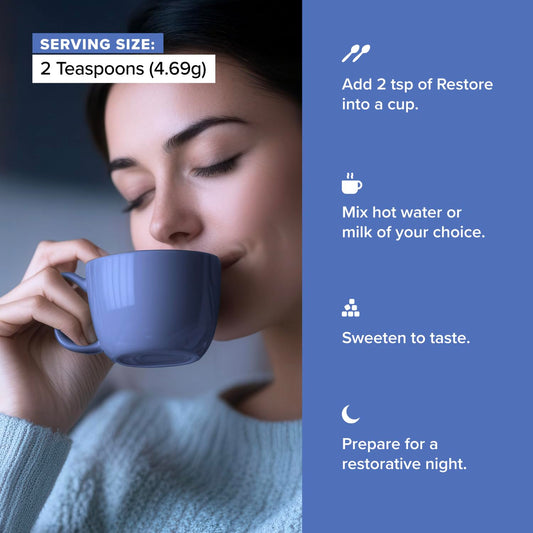 Complement Restore Golden Latte mug steaming to convey a warm, caffeine-free evening drink.