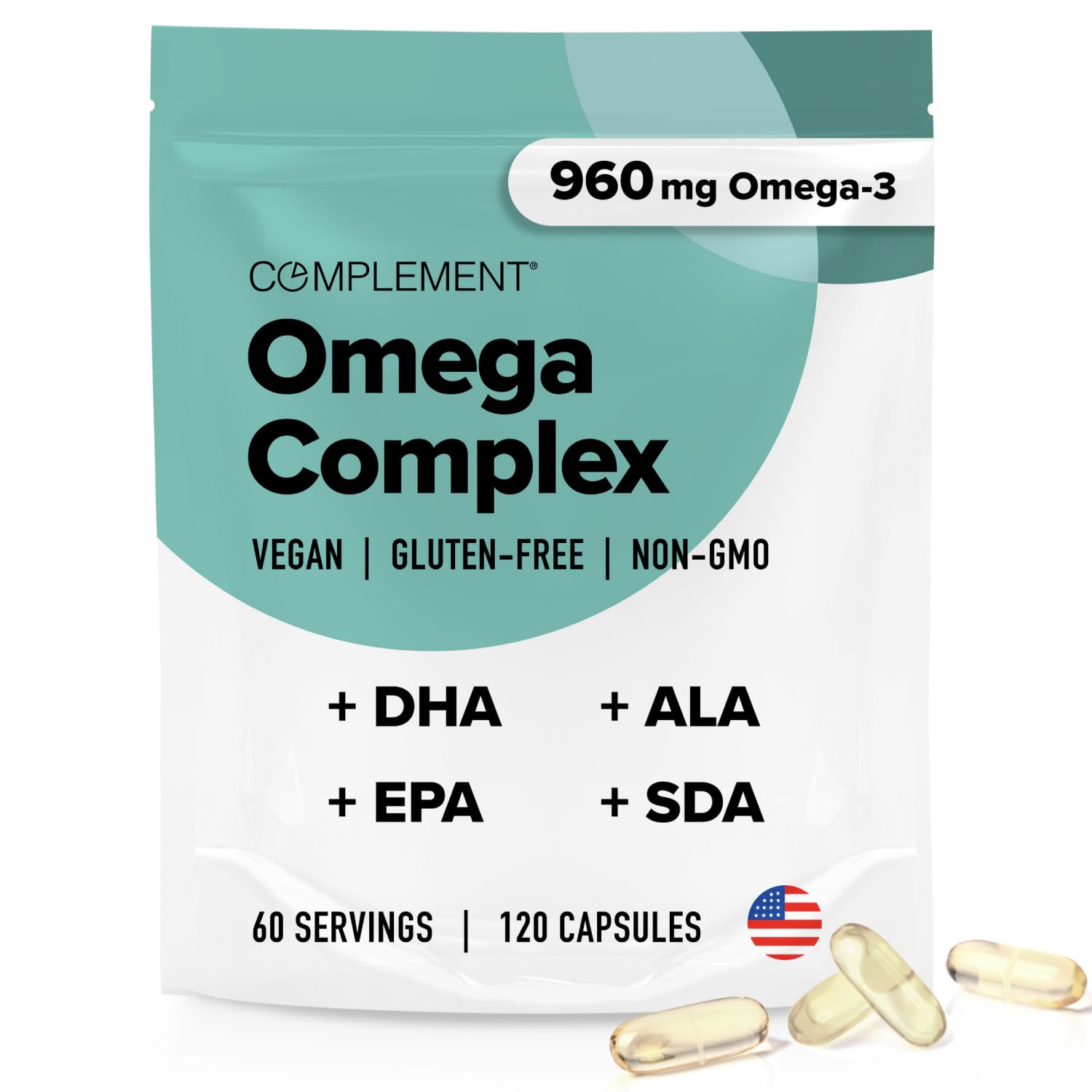 Complement Vegan Omega-3 bottle close-up highlighting plant-based DHA and EPA for daily wellness