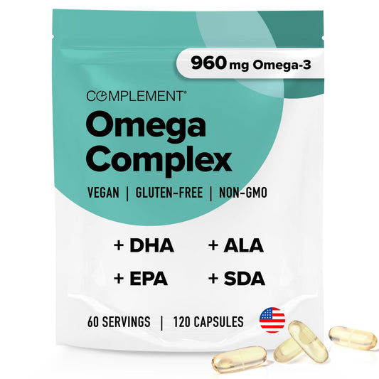 Complement Vegan Omega-3 bottle close-up highlighting plant-based DHA and EPA for daily wellness