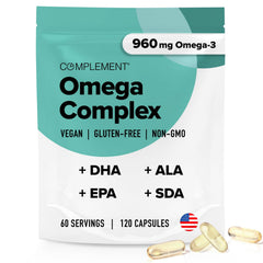 Complement Vegan Omega-3 bottle close-up highlighting plant-based DHA and EPA for daily wellness