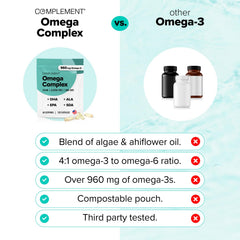 Complement Vegan Omega-3 liquid capsules in bottle, convenient daily omega-3 source