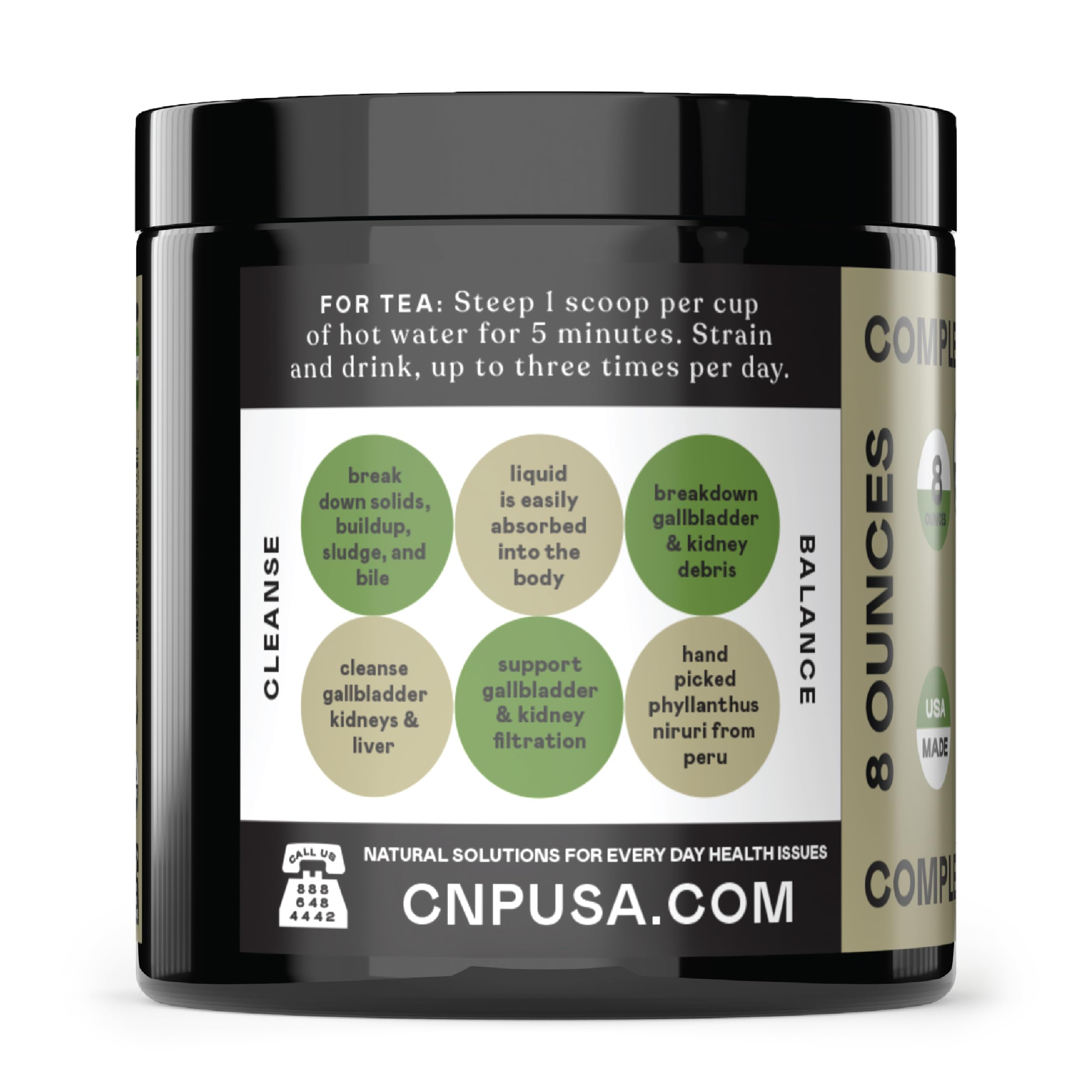 Complete Natural Products Chanca Piedra powder bottle label highlighting kosher non-GMO USA.