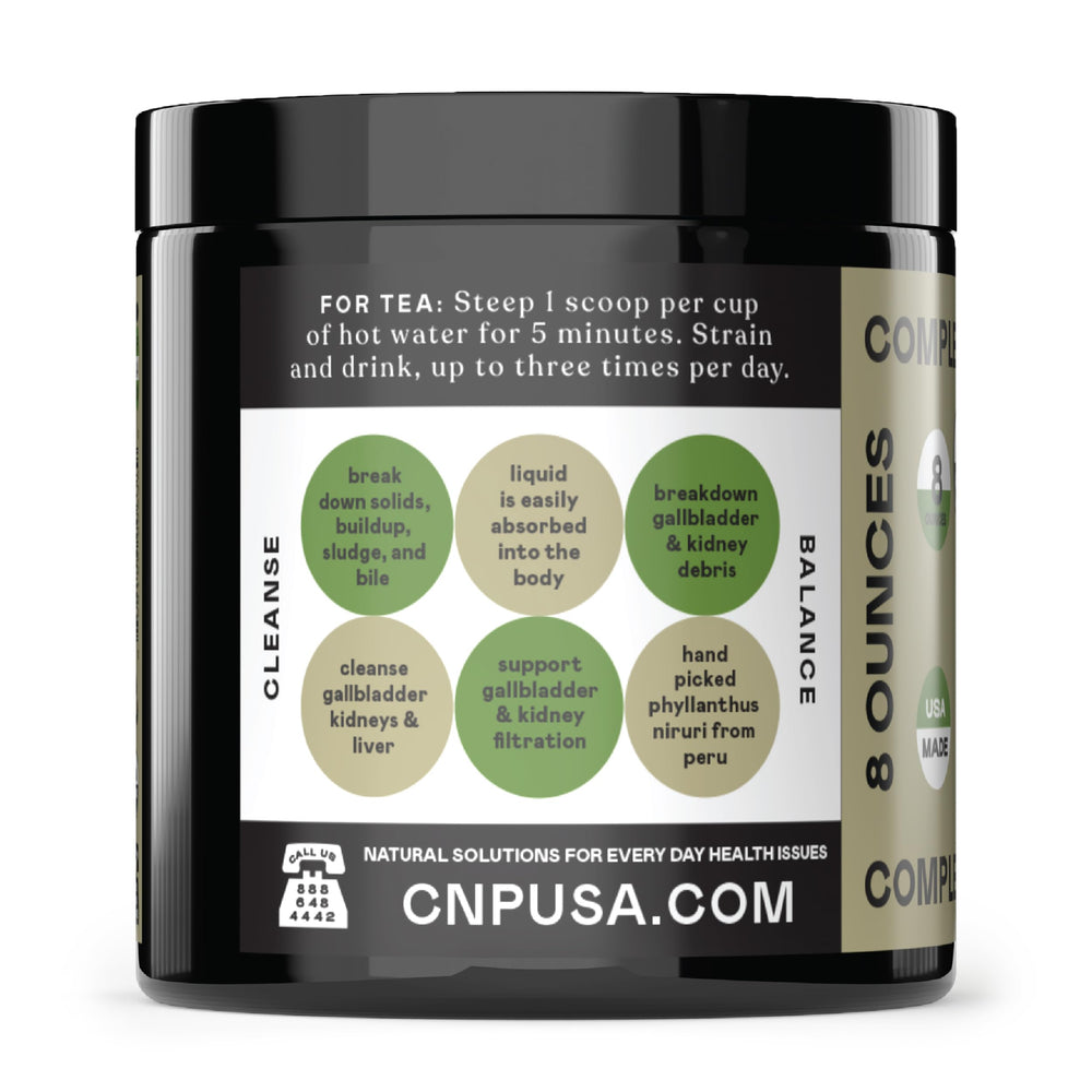 Complete Natural Products Chanca Piedra powder bottle label highlighting kosher non-GMO USA.
