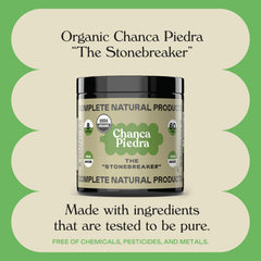Complete Natural Products Chanca Piedra powder pouring into a measuring pitcher.
