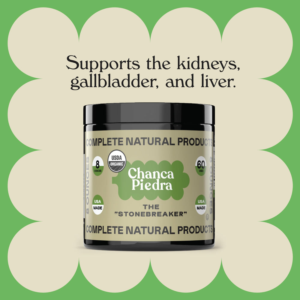 Complete Natural Products Chanca Piedra powder stirred in water for a simple mix.