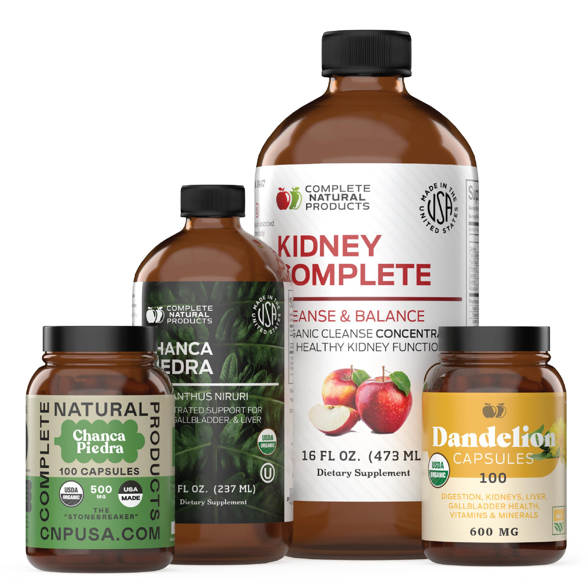 Complete Natural Kidney Complete Bundle label shows organic certification and quality ingredients.