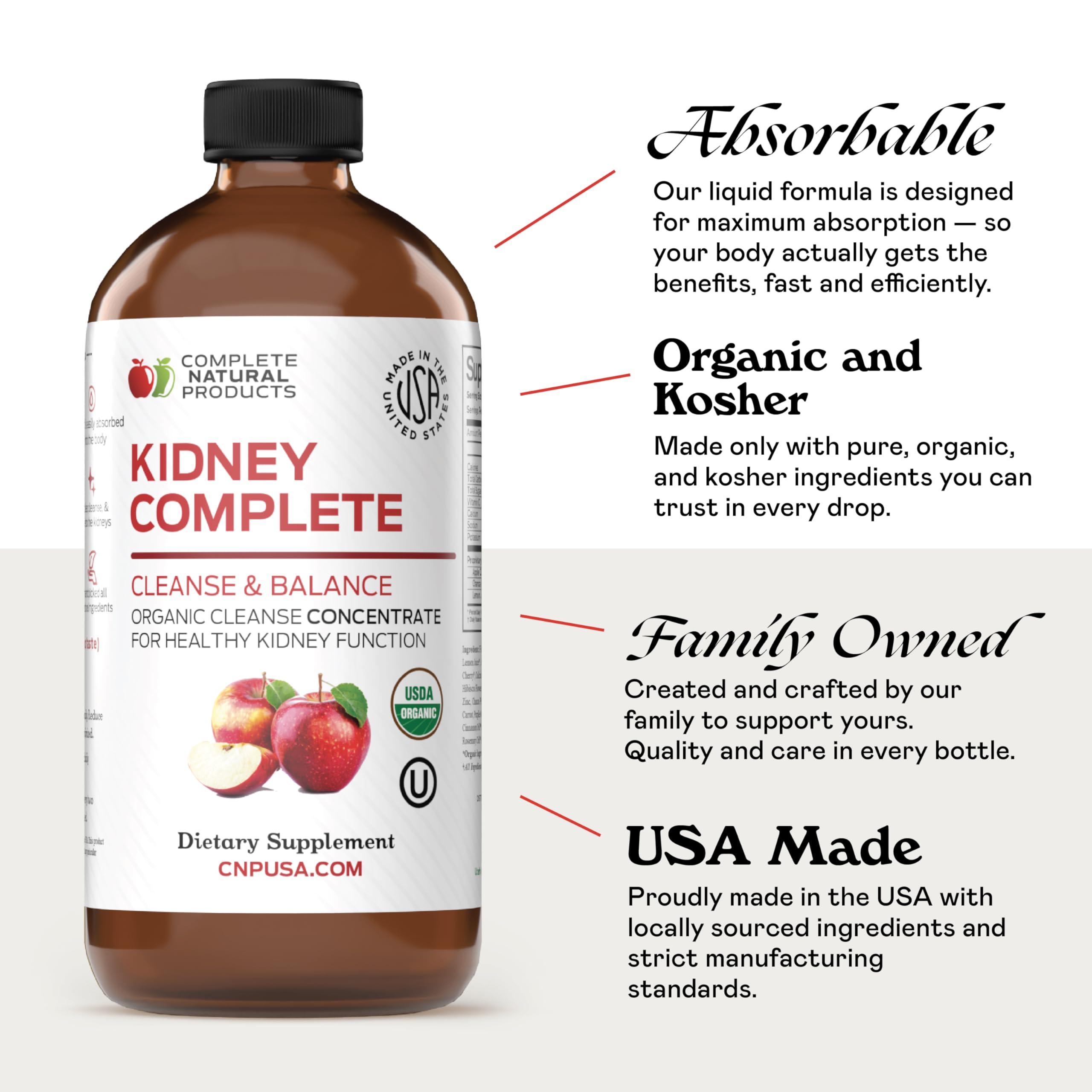 Complete Natural Kidney Complete label highlights apple cider vinegar and lemon ingredients.