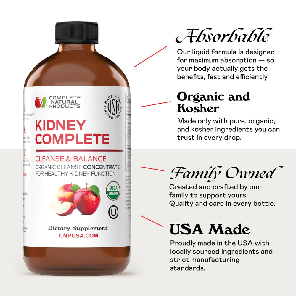 Complete Natural Kidney Complete label highlights apple cider vinegar and lemon ingredients.
