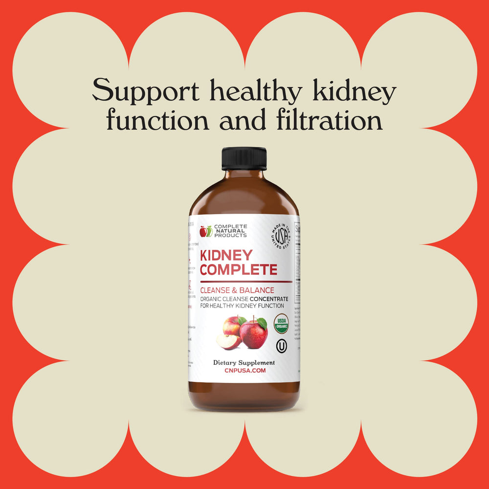 Complete Natural Kidney Complete liquid pour captured for easy dosing and sip-ready convenience.