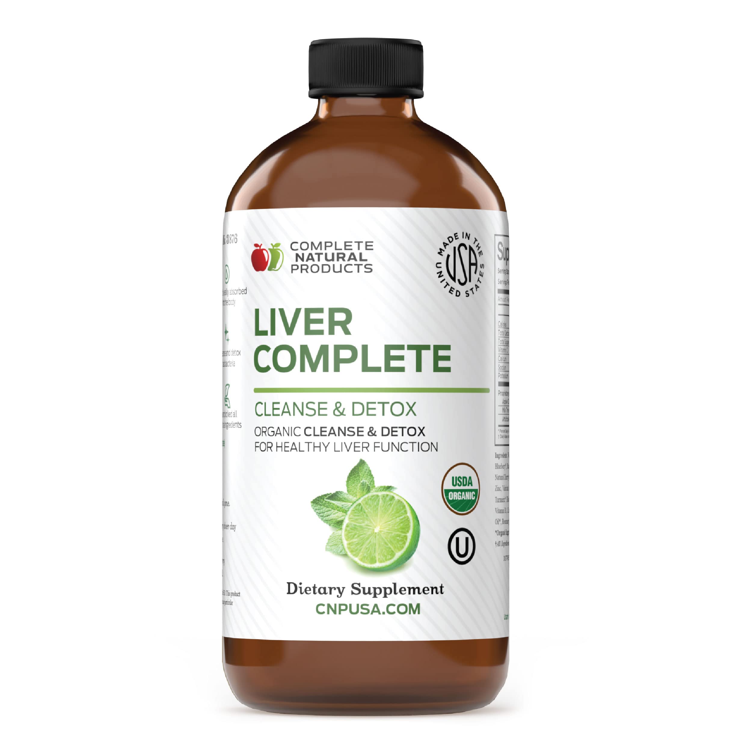 Complete Natural Liver Complete bottle label shows organic formula for daily liver support.