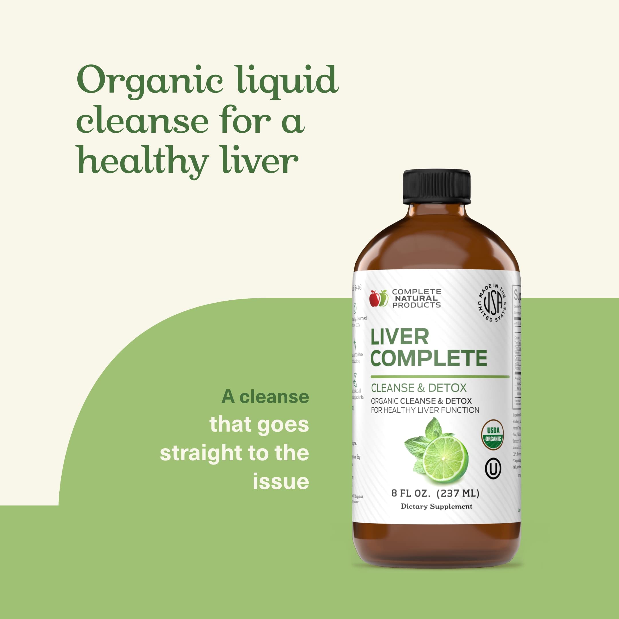 Label highlights organic ingredients and USA production of Complete Natural Liver Complete Liquid.
