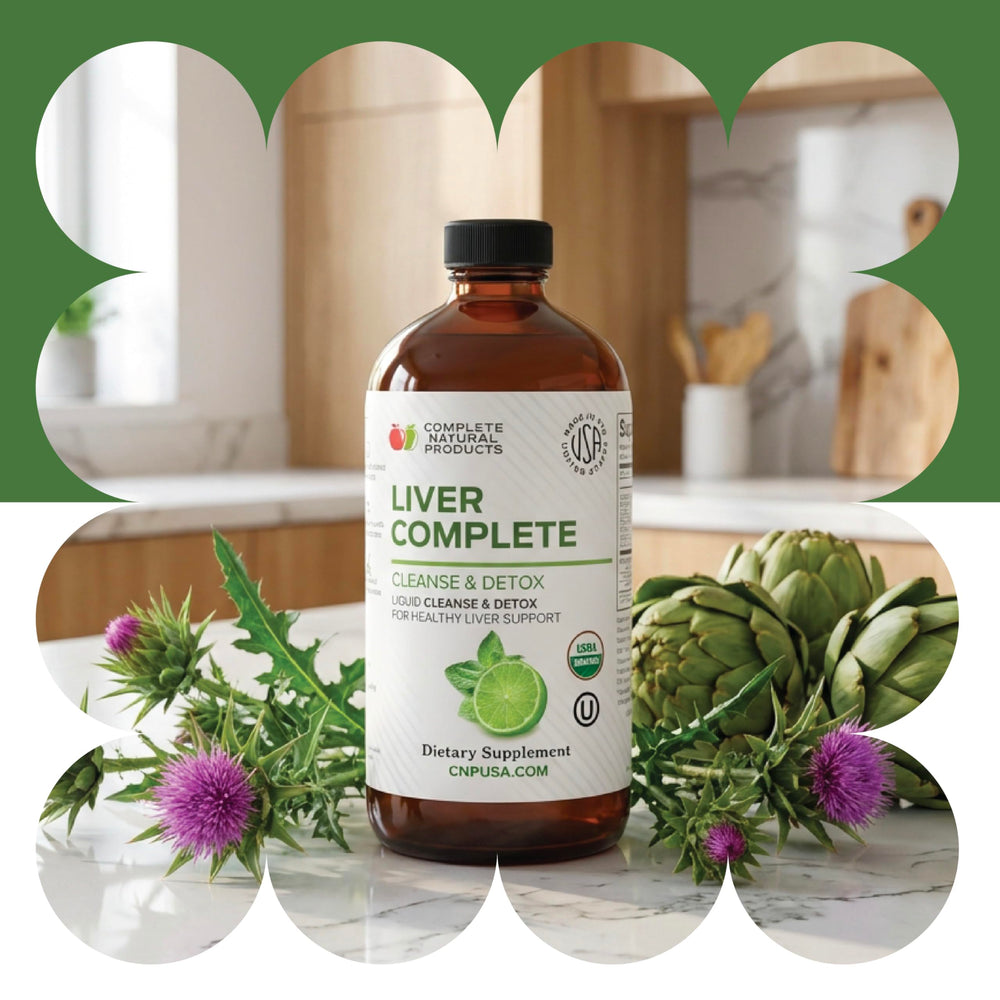 Complete Natural organic non-GMO ingredients bottle emphasizes clean herbal formula.
