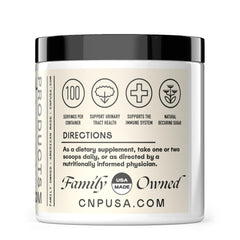 D Mannose scoop beside jar for precise servings with CNP.