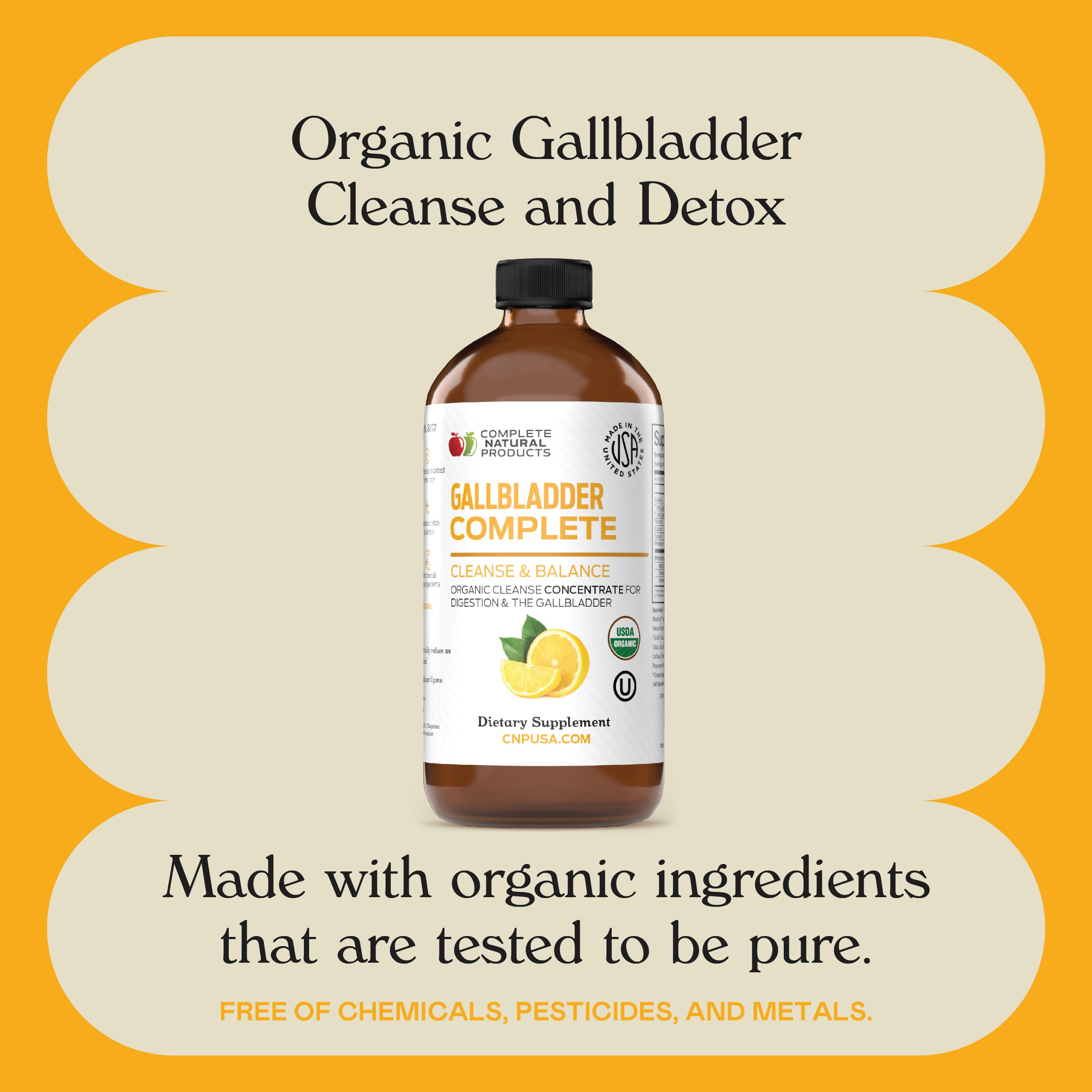 Complete Natural Products Gallbladder Liquid bottle shown with lemon and hibiscus accents