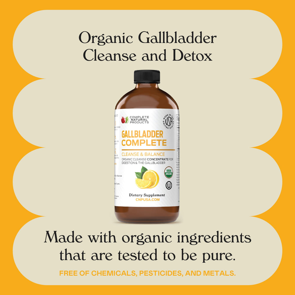 Complete Natural Products Gallbladder Liquid bottle shown with lemon and hibiscus accents