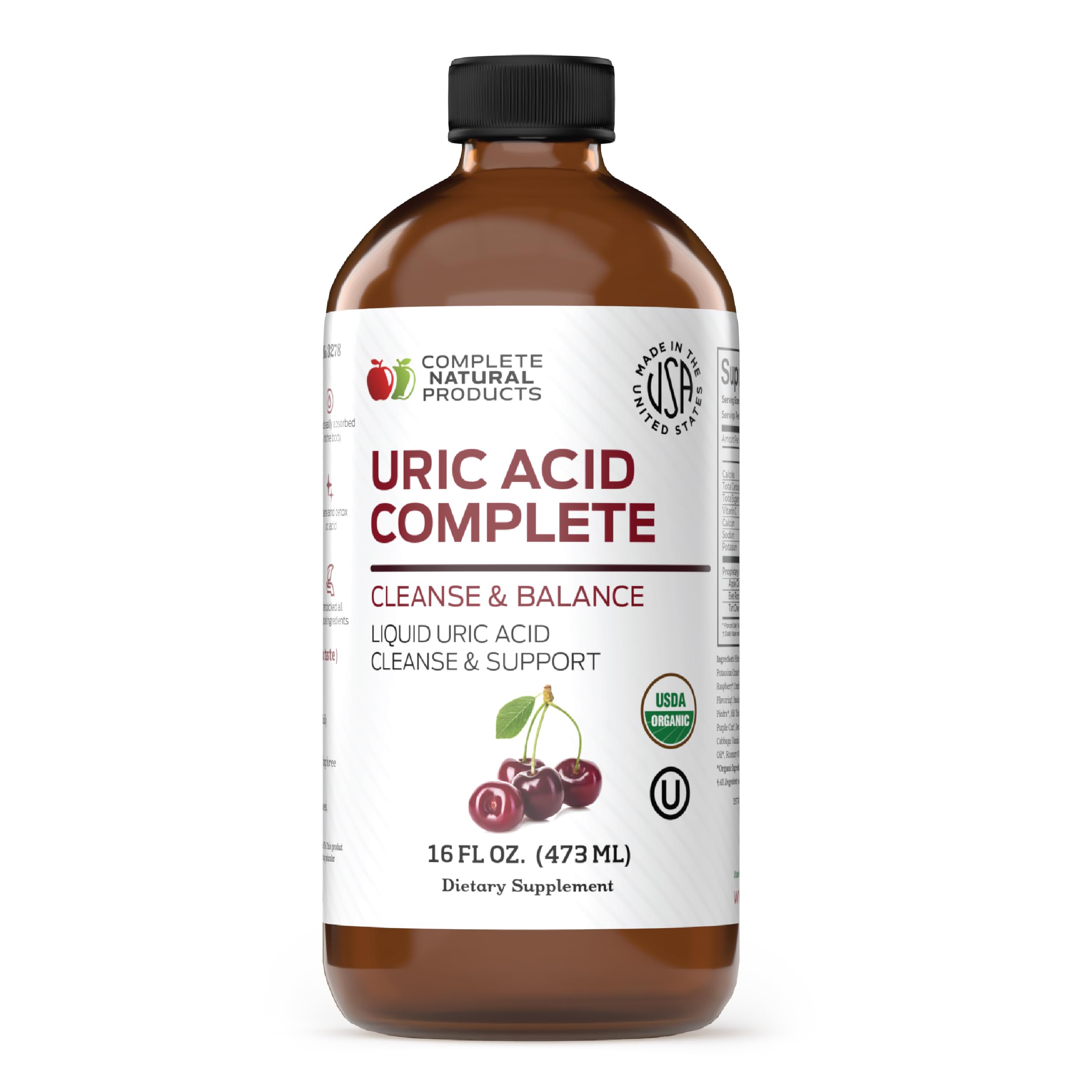 Complete Natural Products Uric Acid Complete bottle on counter for daily liquid support.