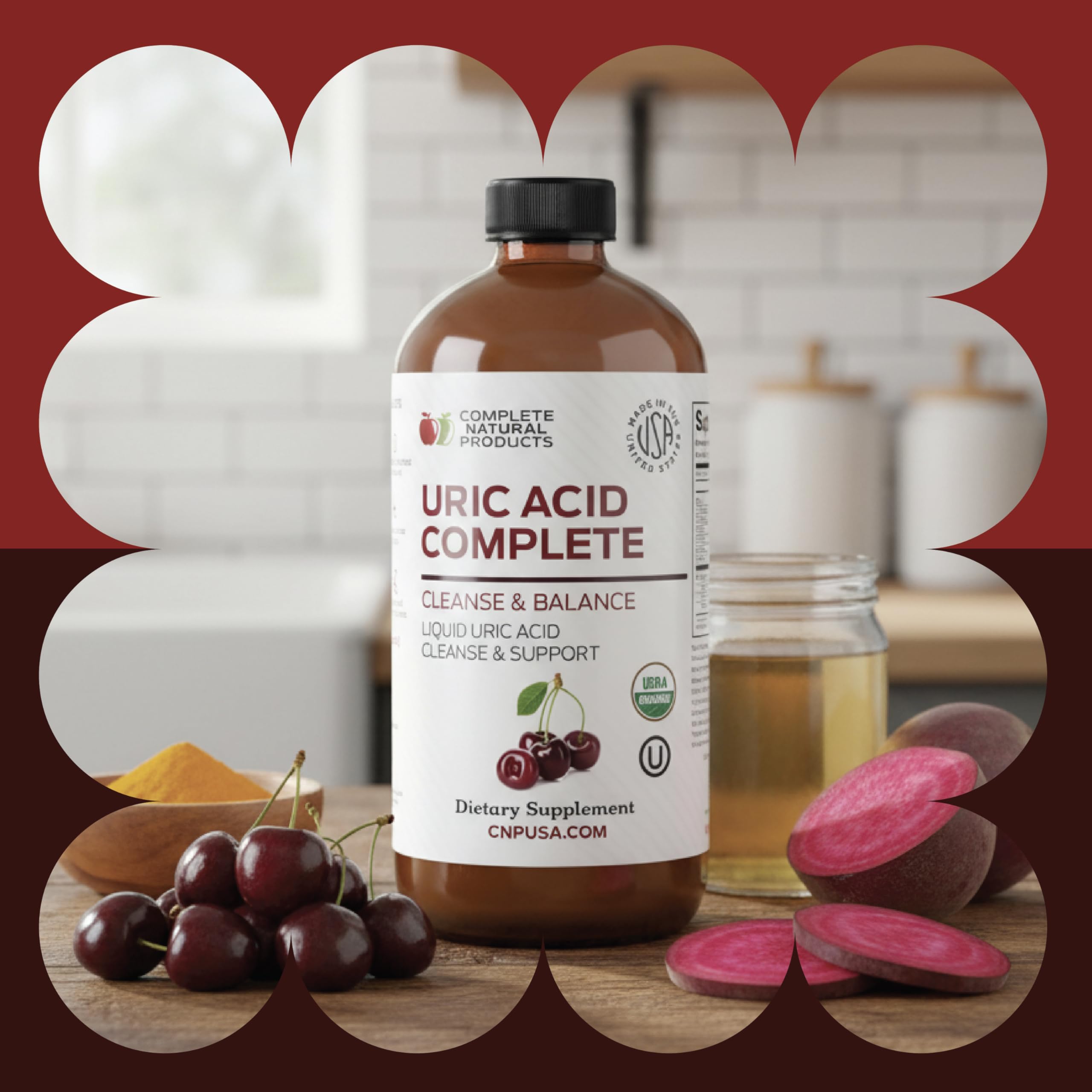 Complete Natural Uric Acid Complete ingredients panel with tart cherry and beet root.