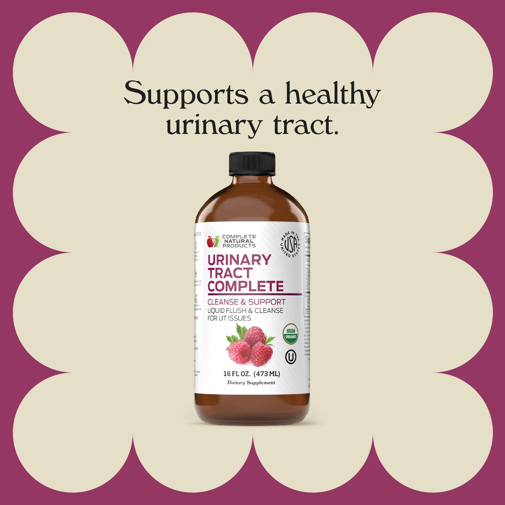 Complete Natural Urinary Tract Complete ingredients panel highlights cranberry, D-Mannose, lemon, and beet root.