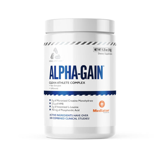 Complete Nutrition Alpha Gain bottle closeup; unflavored formula for lean muscle.