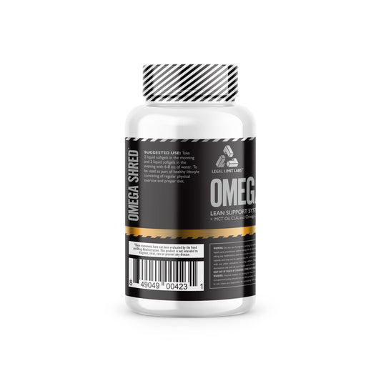 Complete Nutrition Omega Shred bottle back label with ingredients and use.