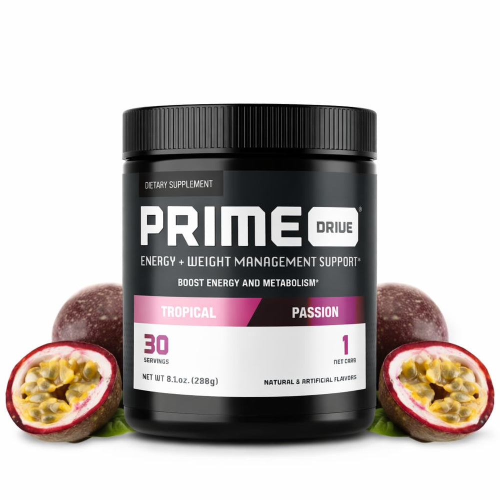 Complete Nutrition Prime Drive Tropical Passion tub front view, energizing powder for workouts.