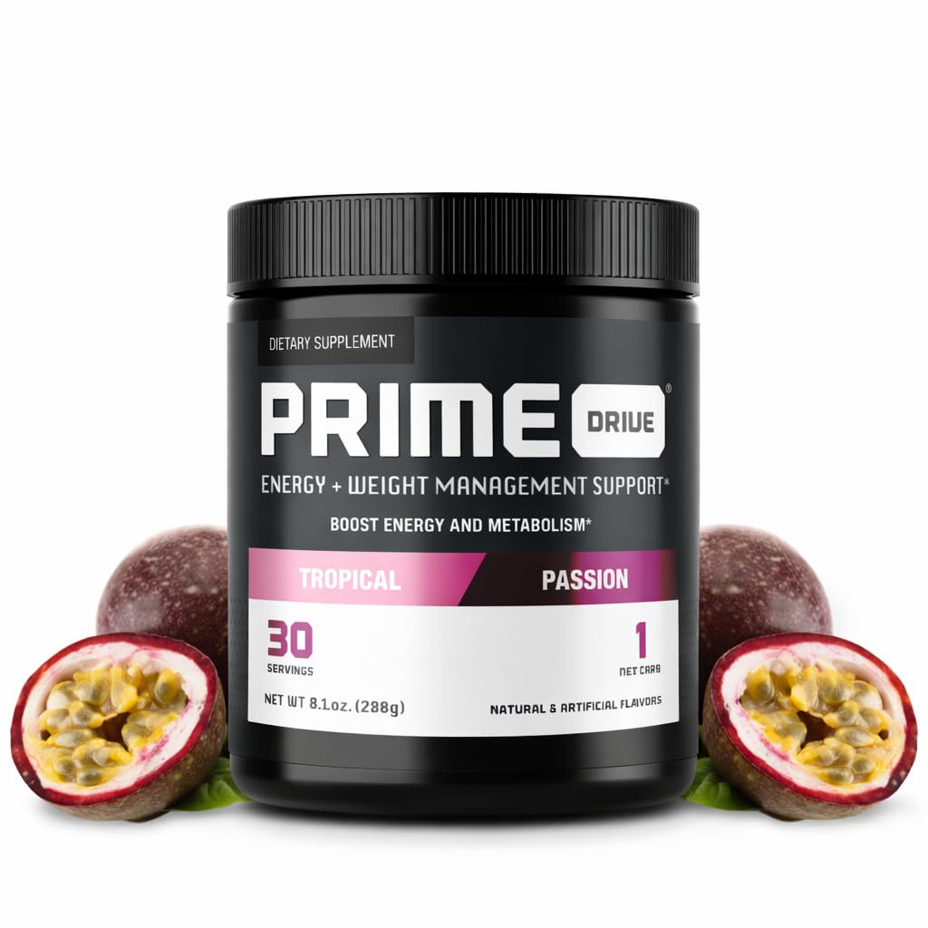Complete Nutrition Prime Drive Tropical Passion tub front view, energizing powder for workouts.