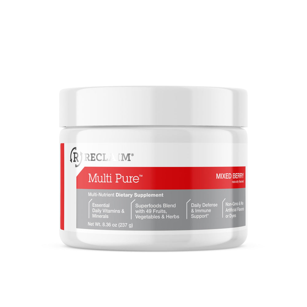 Scooping Reclaim Multi Pure powder for a flavorful berry wellness boost.