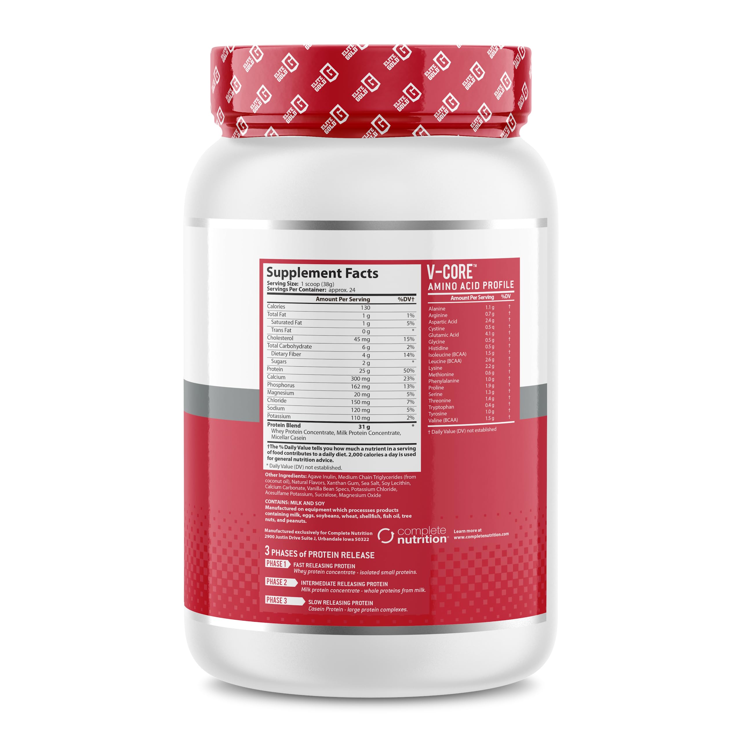 Complete Nutrition V-Core Vanilla label closeup highlighting 25g protein