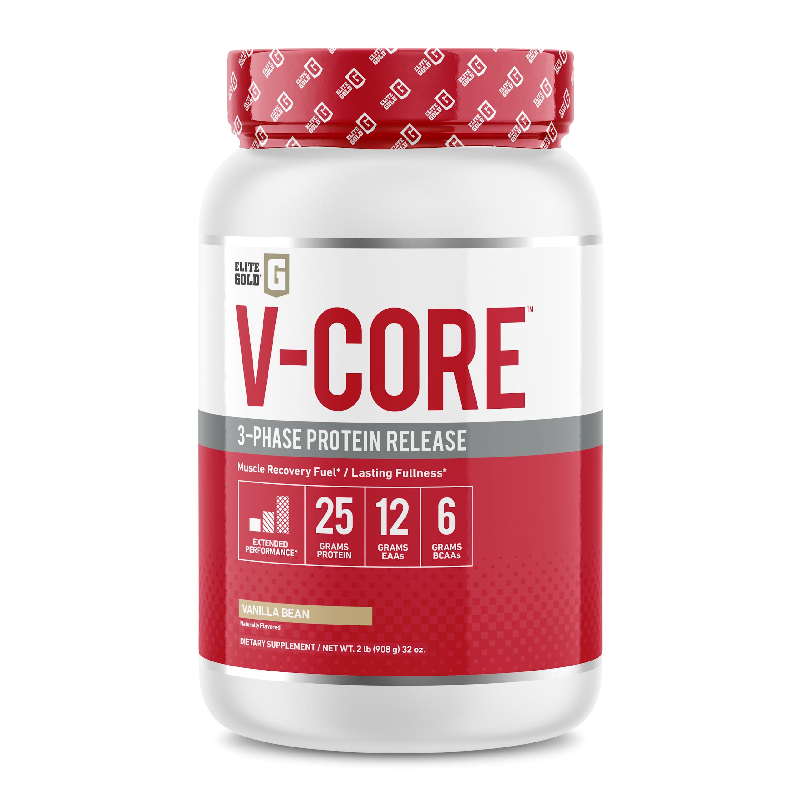 Complete Nutrition V-Core Vanilla protein powder tub front for a high protein recovery shake