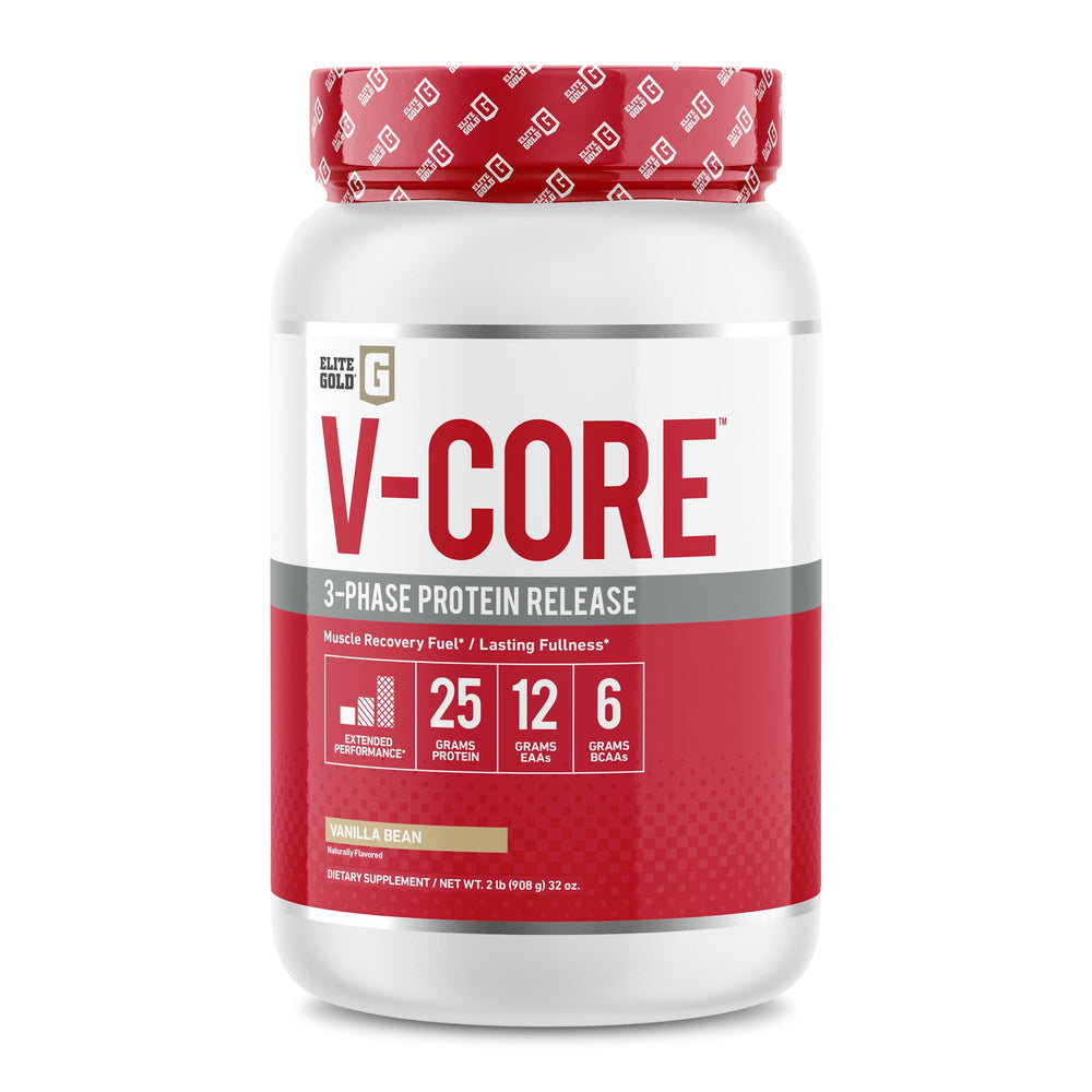 Complete Nutrition V-Core Vanilla protein powder tub front for a high protein recovery shake