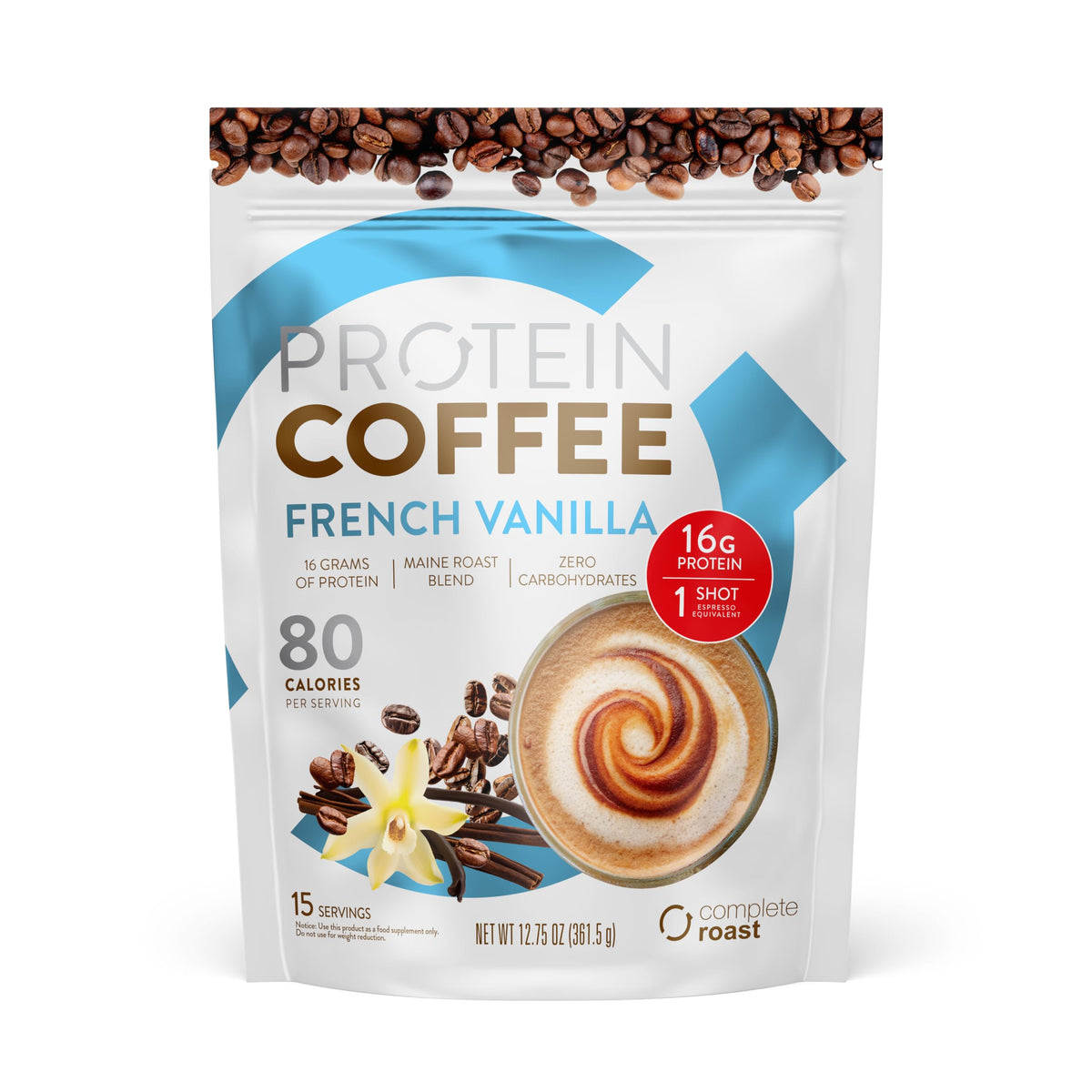 Complete Roast Coffee Protein cup showing rich aroma and energy-boosting.