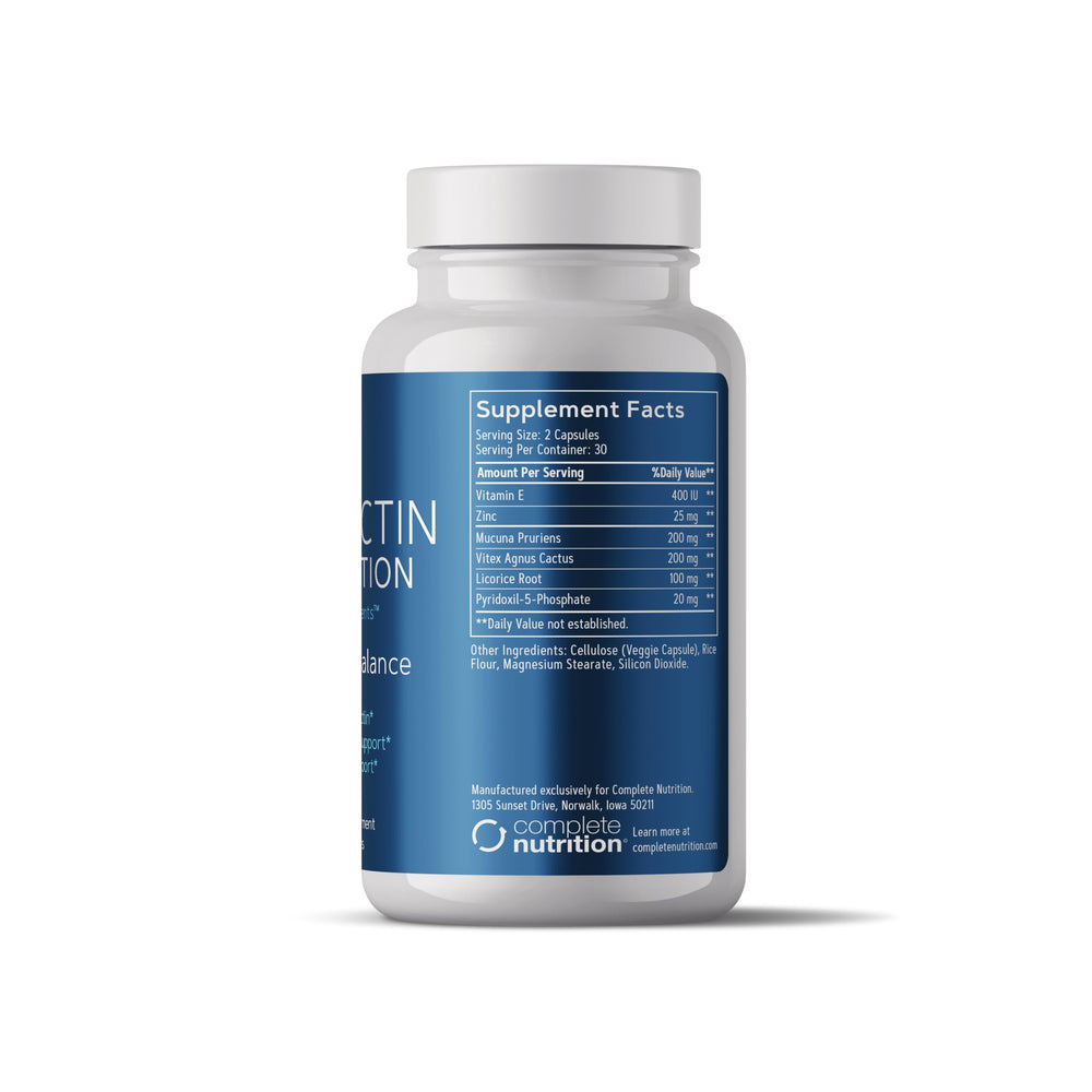 Complete Nutrition Prolactin Prevention label with daily dosage guidance.