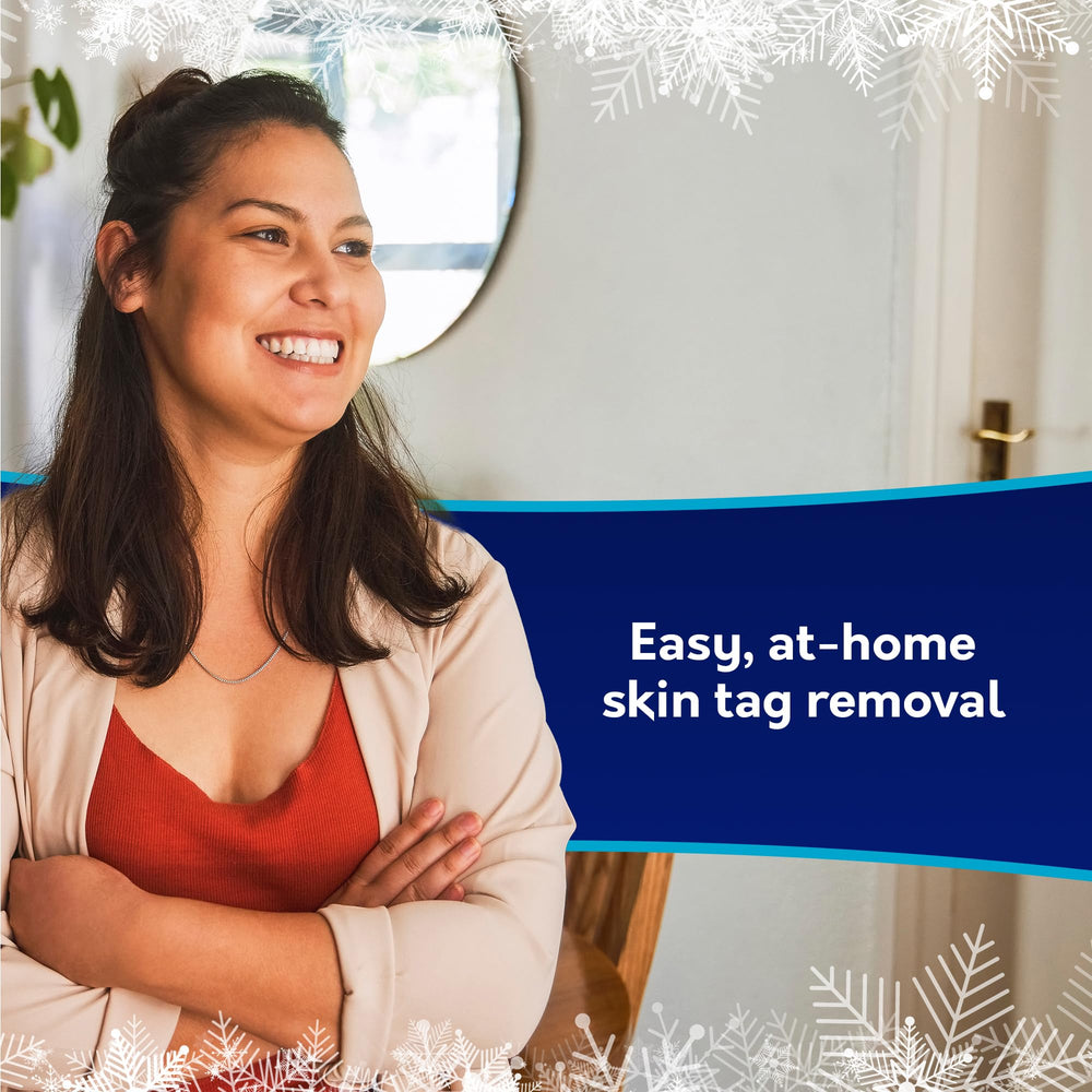 Packaging and instructions illustrating simple at-home skin tag removal steps.