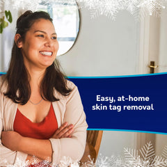 Packaging and instructions illustrating simple at-home skin tag removal steps.