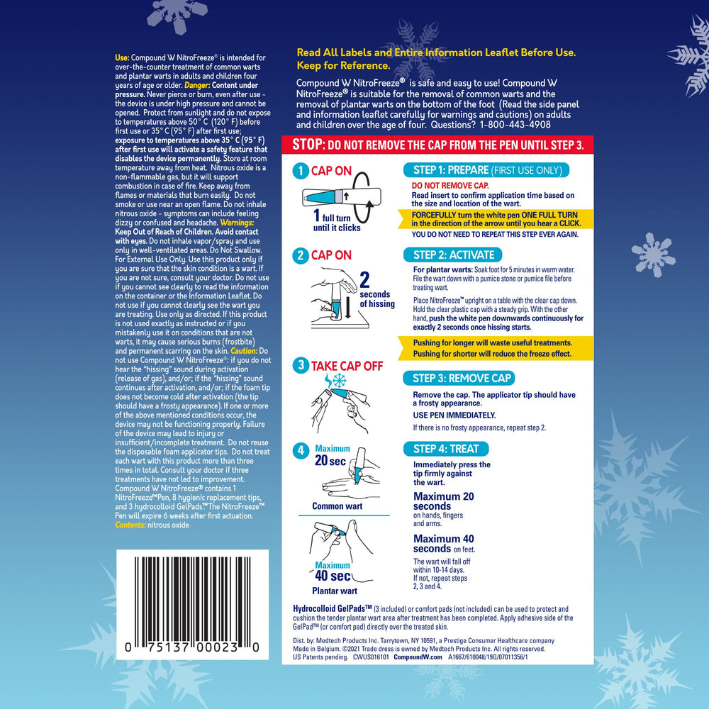 Compound W NitroFreeze packaging clearly lists contents and usage tips.