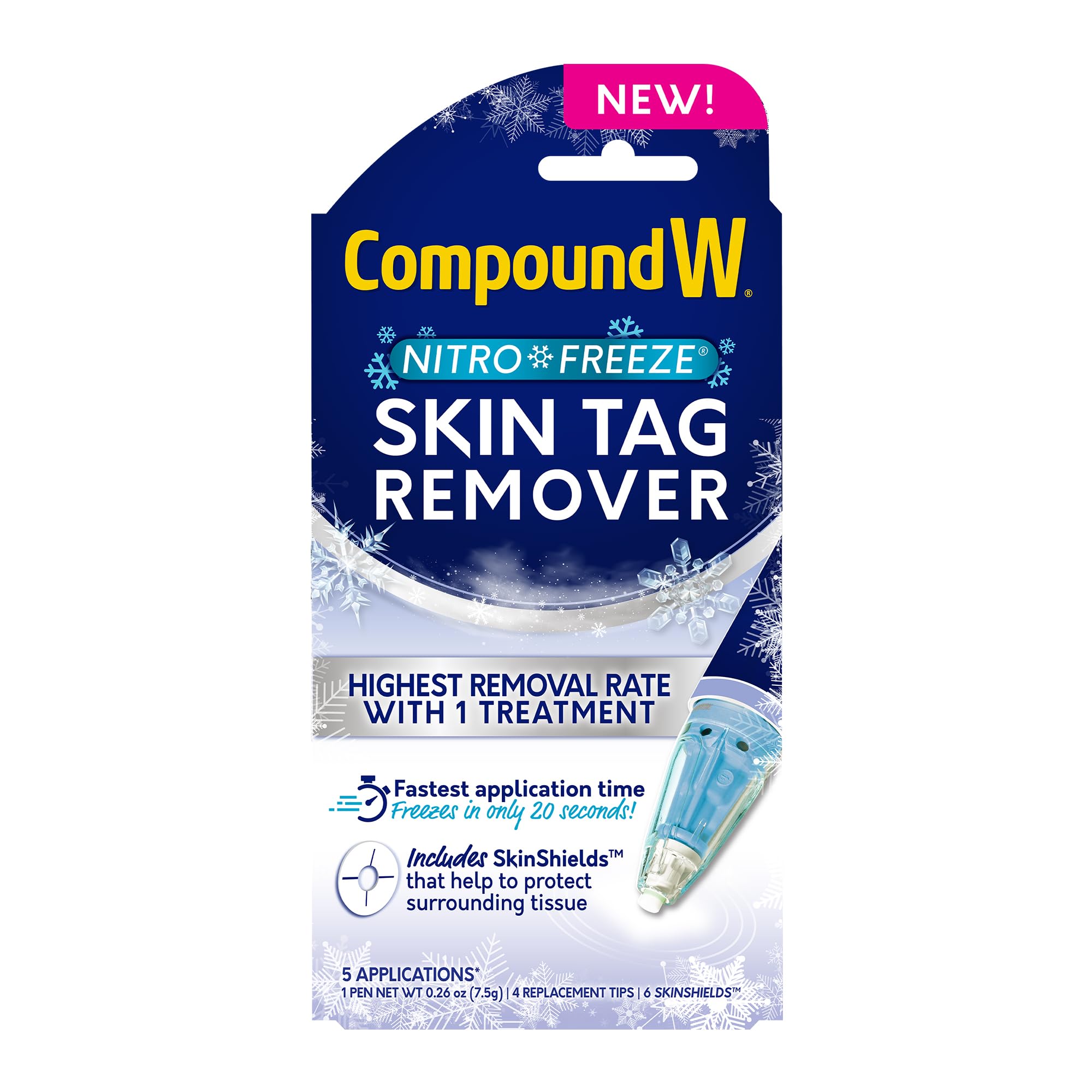 Compound W Nitrofreeze pen in use for precise at-home skin tag removal.