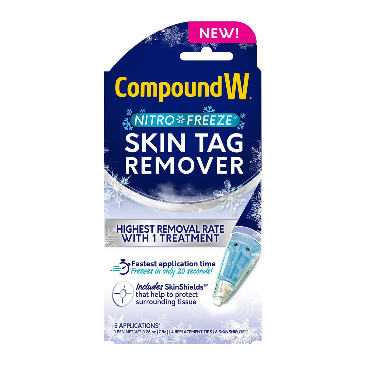 Compound W Nitrofreeze pen in use for precise at-home skin tag removal.