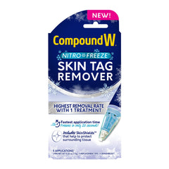 Compound W Nitrofreeze pen in use for precise at-home skin tag removal.